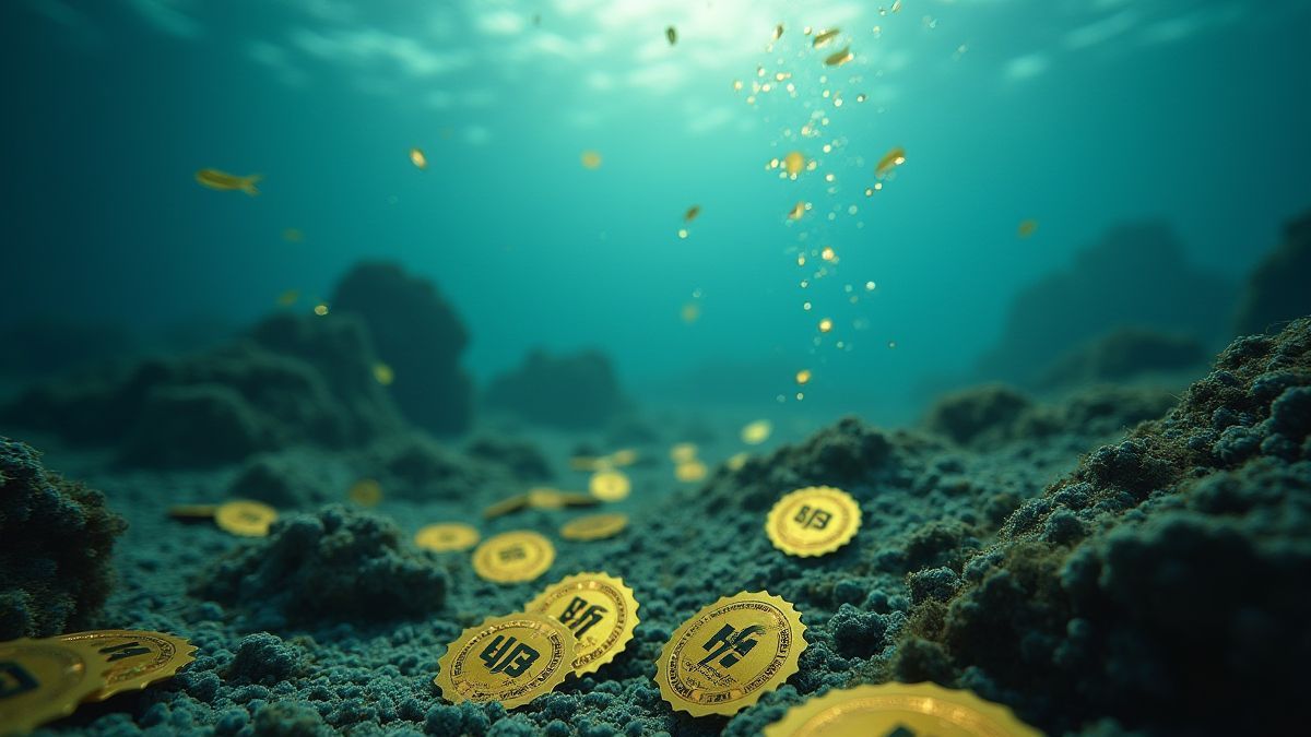 Boletos dorados dispersos bajo el agua en estilo de búsqueda de tesoros.