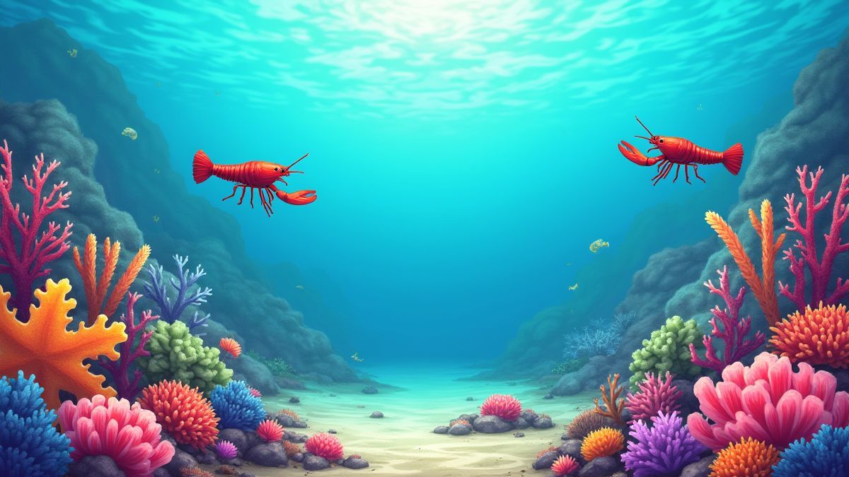 Korallenriff voller Farben mit Hummern und Schätzen.