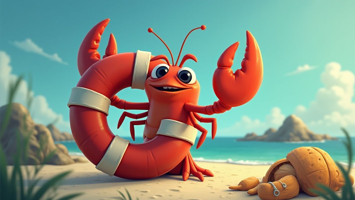 Animierter Hummer, der eine Boje mit Schätzen um sich hält.