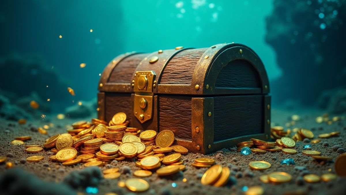 Schatztruhe umgeben von Münzen und Juwelen unter Wasser.