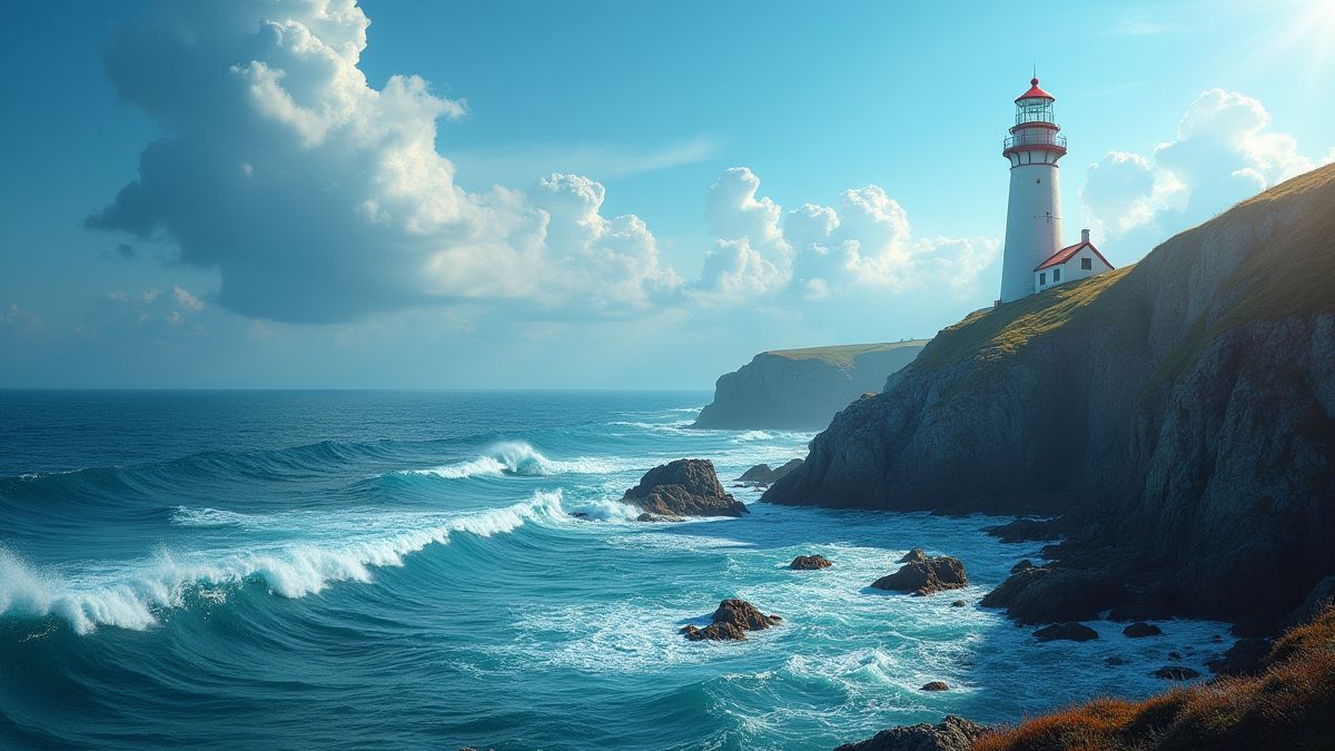 Faro luminoso en un acantilado costero rodeado de olas del mar.