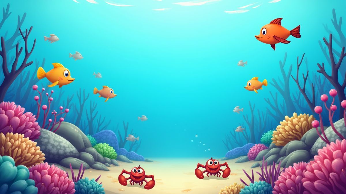 Escena submarina animada con peces y langostas nadando entre arrecifes.