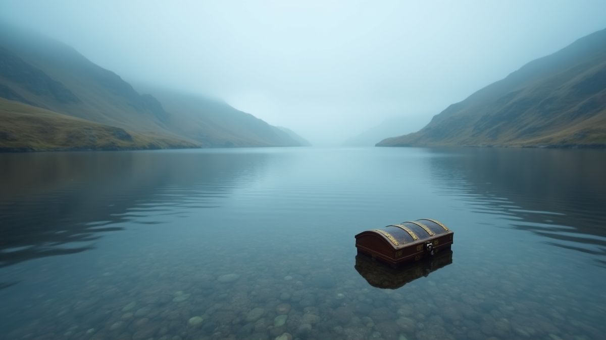Un lago escocés rodeado de colinas con un cofre del tesoro escondido bajo el agua.