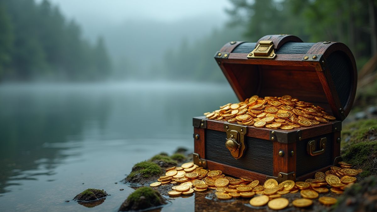 Un cofre del tesoro lleno de monedas de oro y gemas junto a un lago cubierto de niebla.