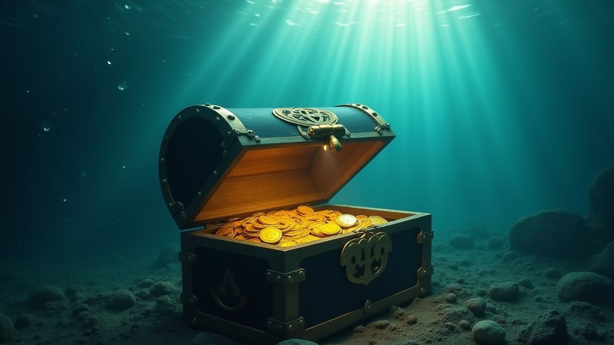 Un cofre del tesoro bajo el agua con monedas de oro y un mapa iluminado por un rayo de luz.