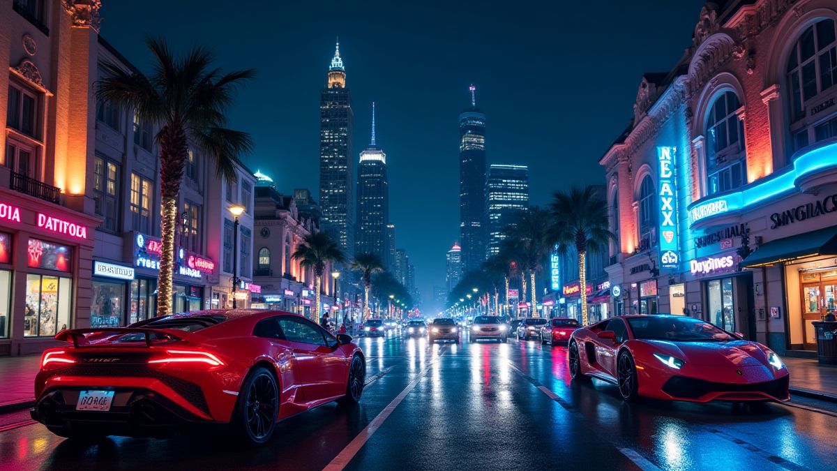 A city illuminated with neon lights at night.