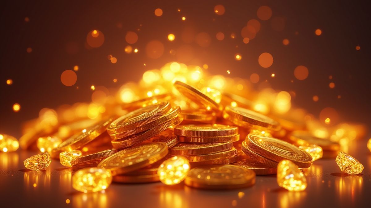 Golden coins and sparkling diamonds under neon lights.