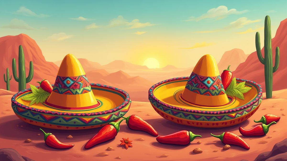 Sombreros and chiles mexicanos en un desierto vibrante.