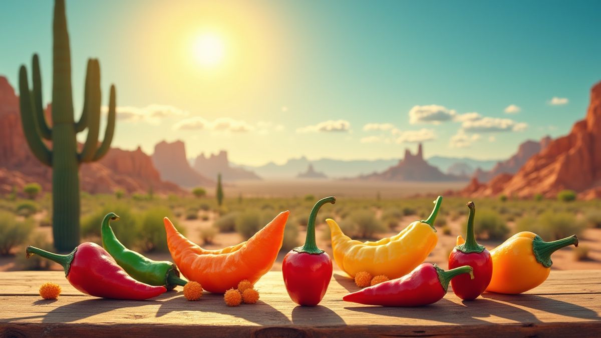 Mesa con chiles coloridos y s&iacute;mbolos mexicanos bajo el sol del desierto.
