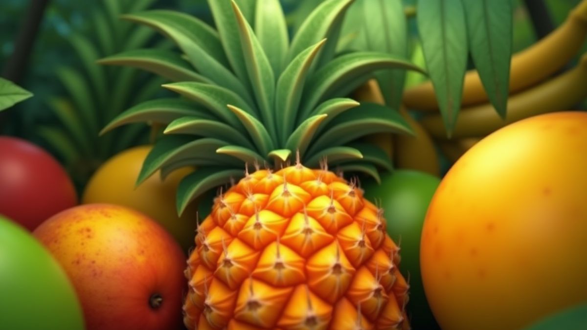 Vibrante tropische Früchte in einer animierten Dschungelumgebung.