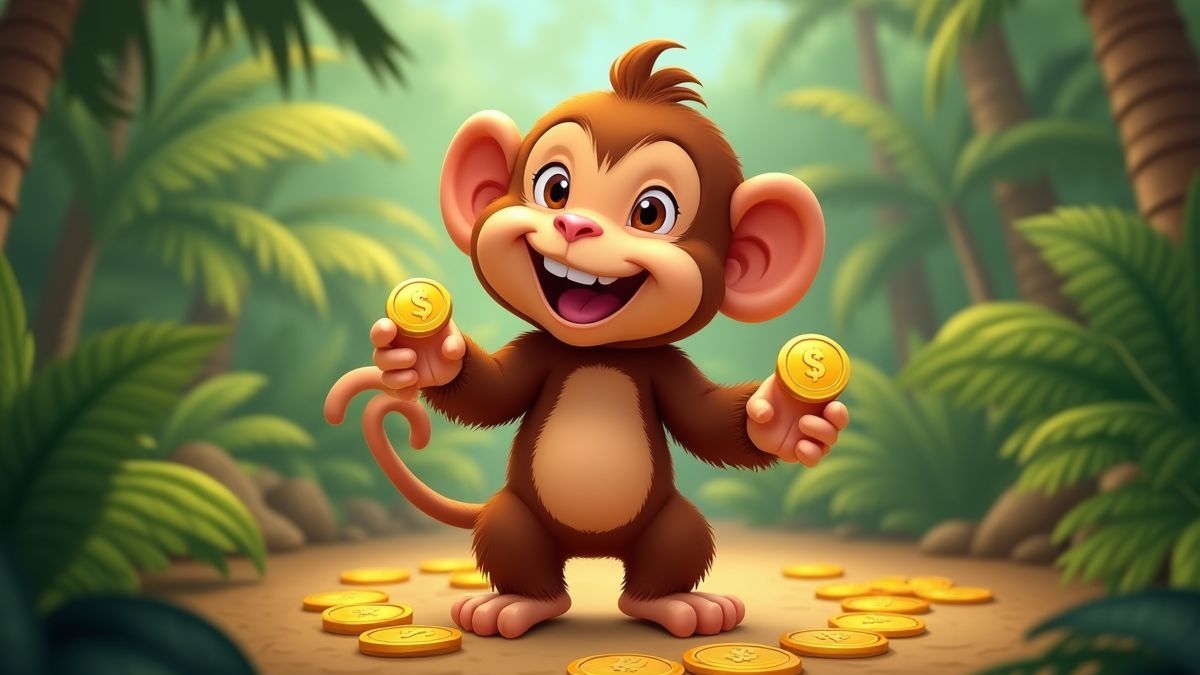 Ein fröhlicher Affe, der goldene Münzen in einer animierten tropischen Dschungelumgebung hält.