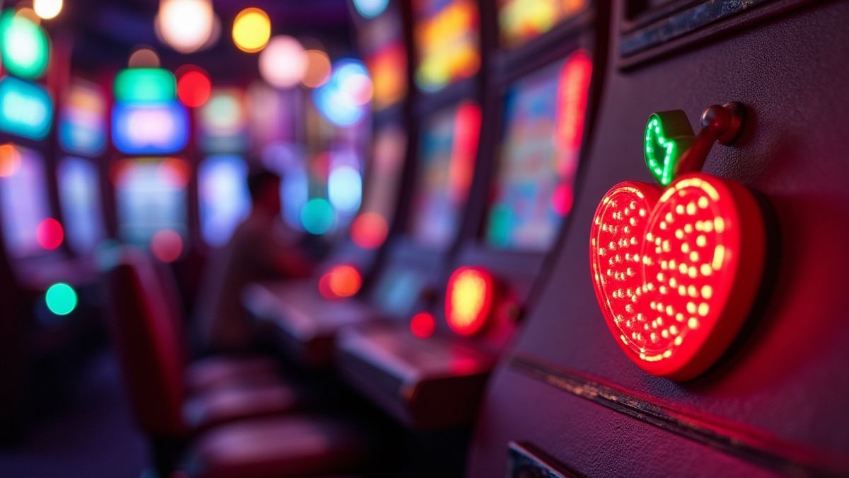 Luces de neón y símbolos de frutas vibrantes.