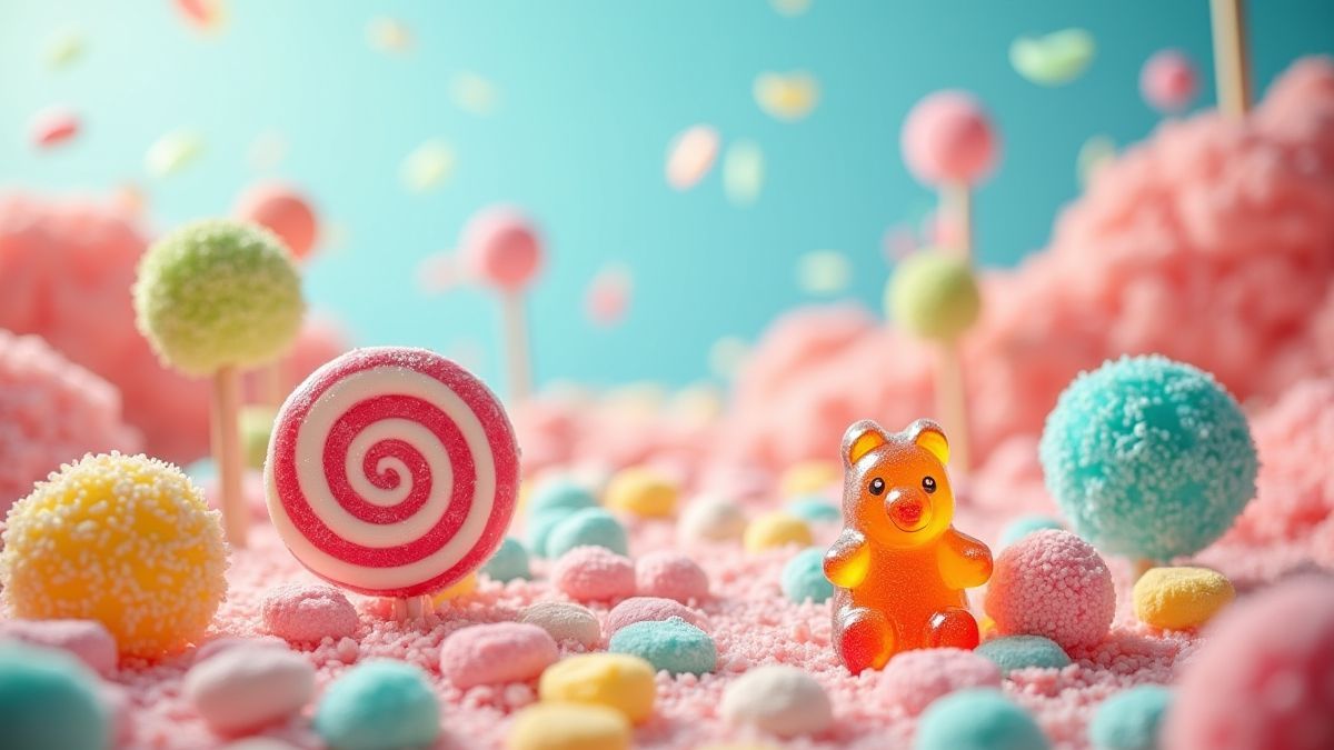 Eine farbenfrohe Süßigkeitenlandschaft mit Lutschern und Gummibärchen.