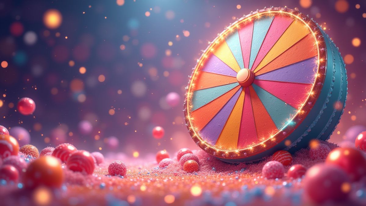 Ein sich drehendes Rad umgeben von Süßigkeiten und funkelnden Effekten.