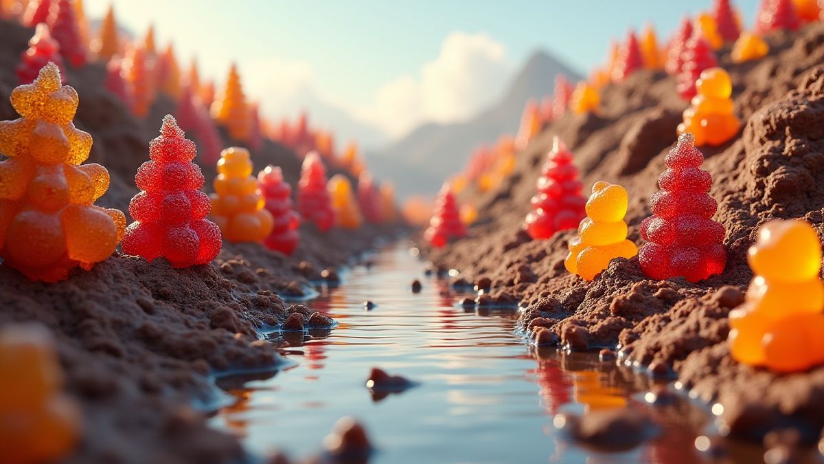 Une rivière de chocolat entourée d'arbres en bonbons.