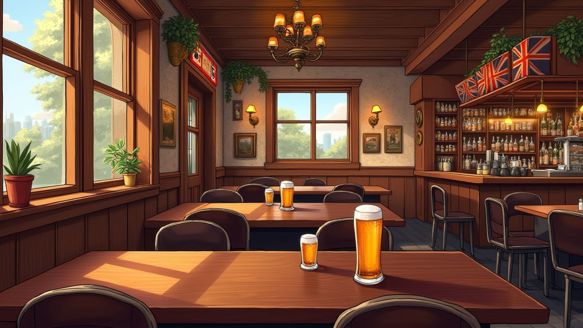 Intérieur d'un pub britannique avec des bières sur les tables