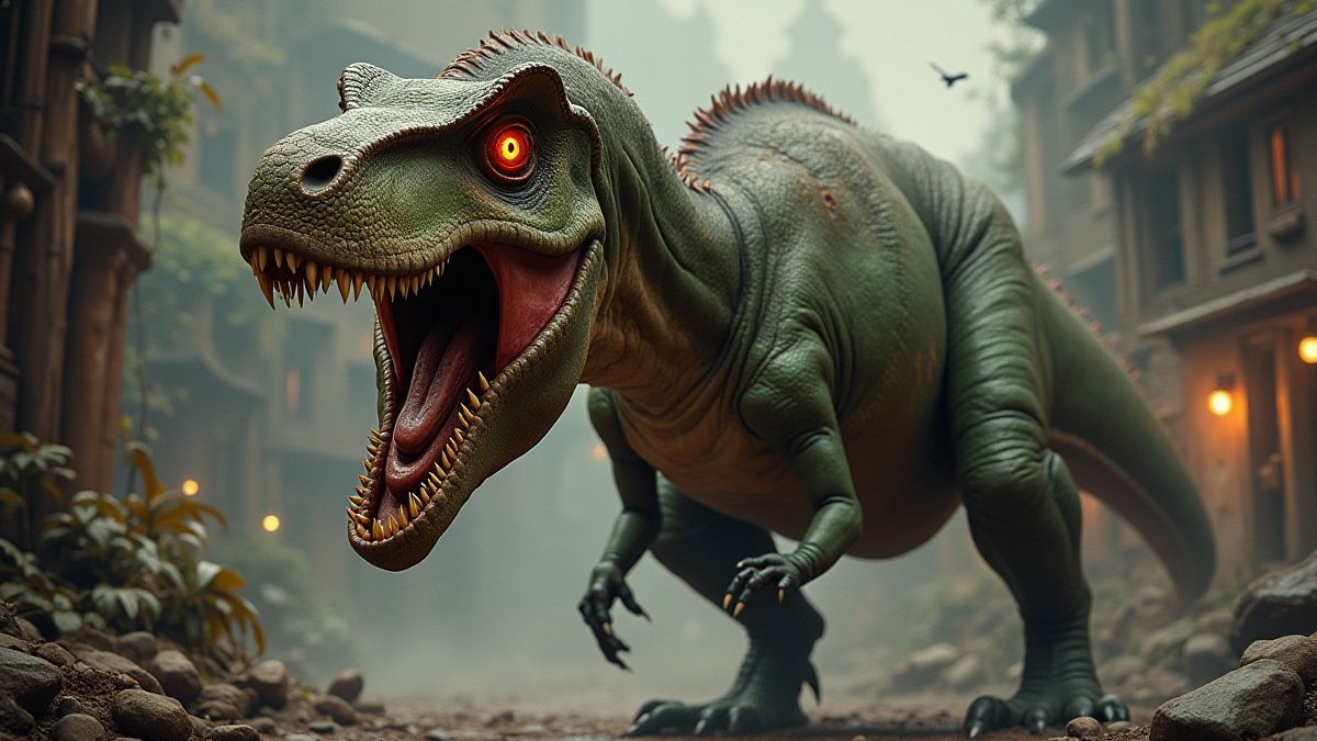 Un T-Rex rugiendo en un entorno steampunk.