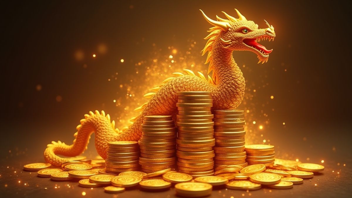 Monnaies d'or brillantes empilées avec une queue de dragon mystique les entourant.