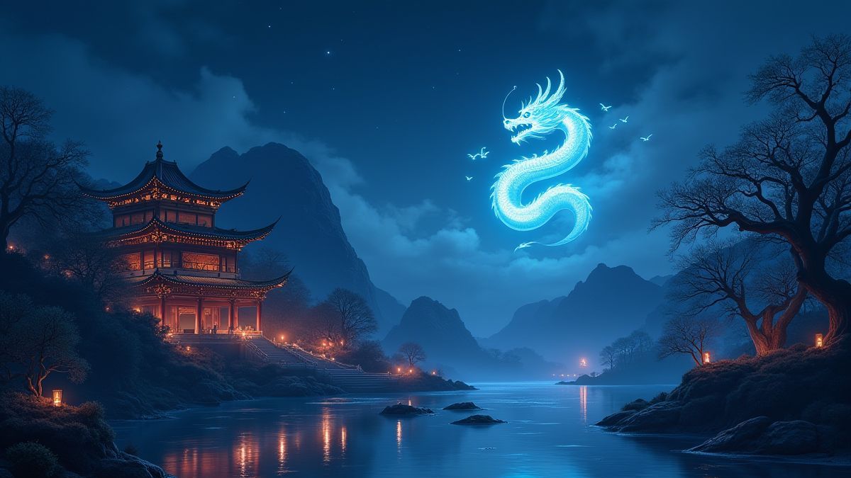 Paysage asiatique nocturne avec des temples illuminés par des lanternes et un dragon brillant dans le ciel.