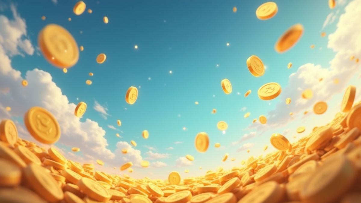 Monedas doradas y gemas cayendo del cielo.