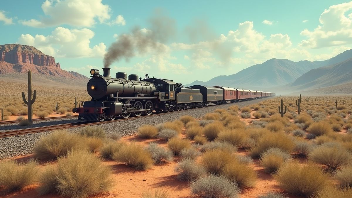 Eine Vintage-Lokomotive, die eine Wüstenlandschaft überquert.