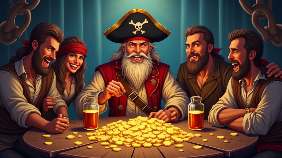 Um capitão pirata e sua tripulação celebrando com moedas de ouro e rum.