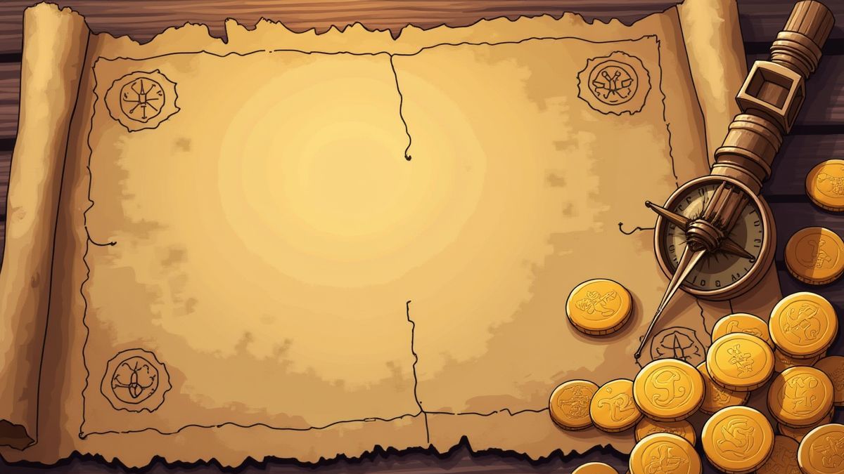 Moedas de ouro e um mapa do tesouro com uma bússola em cima.