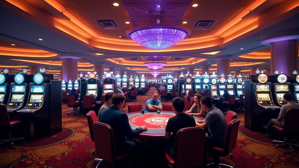 Vibrant casino with bright lights and poker tables.