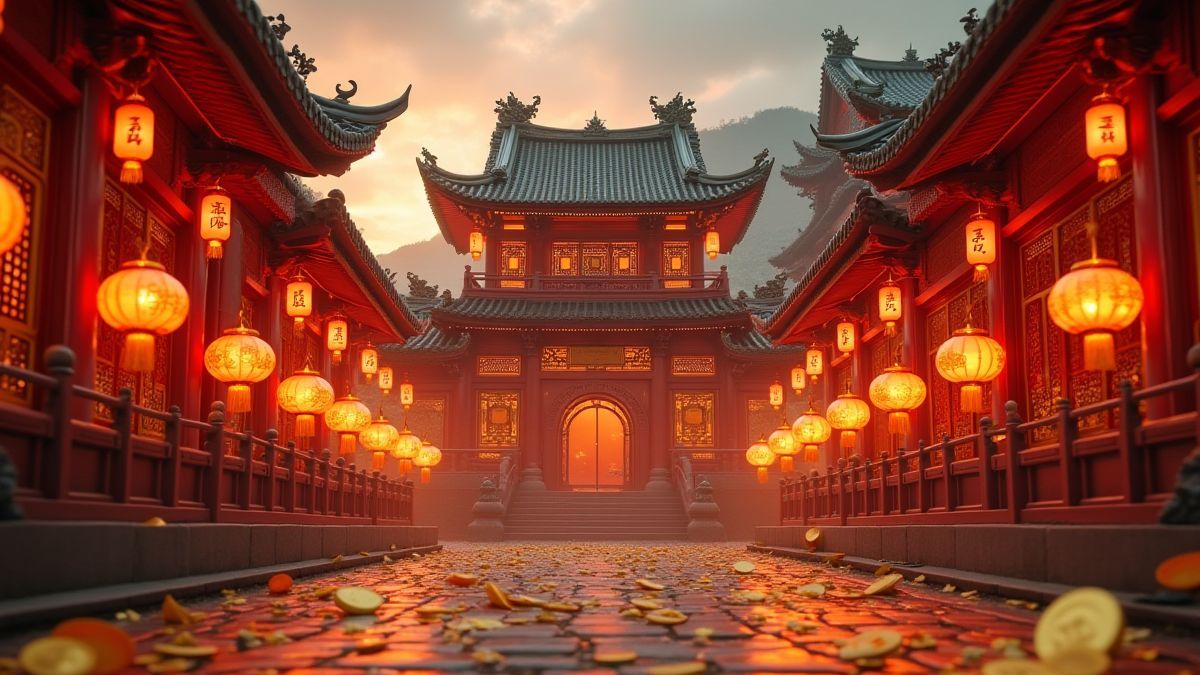 Templo asiático envolto em lanternas brilhantes e moedas douradas.