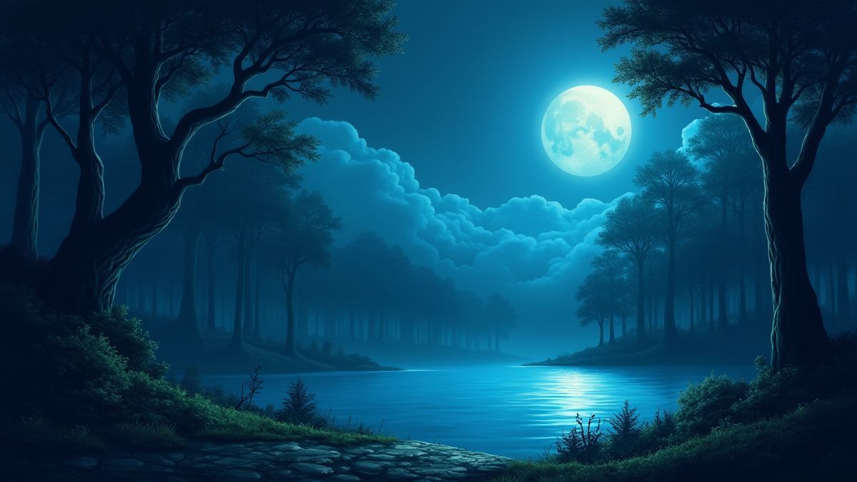 Bosque místico com um lago iluminado pela luz da lua