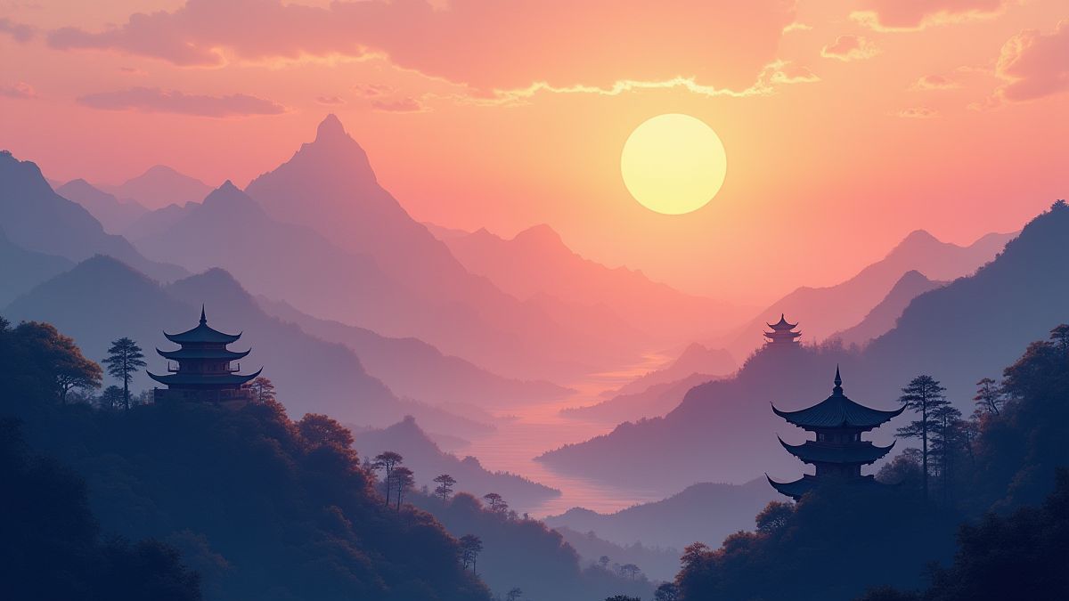 Serene Asian landscape with mountains and temples at sunset.