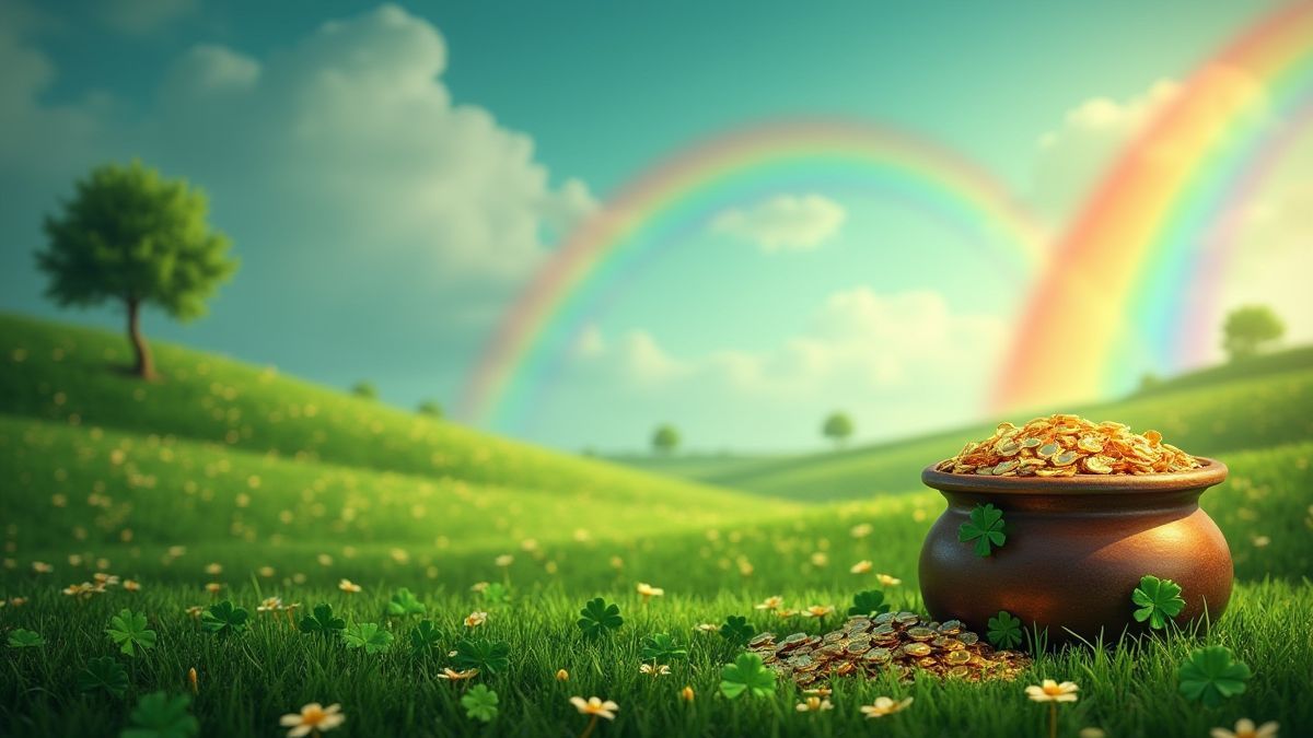 Iers landschap met regenbogen en klavers.