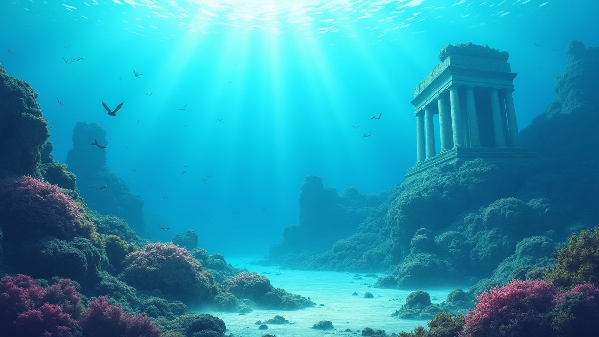 Reino submarino tranquilo com arrecifes de coral e ruínas antigas.
