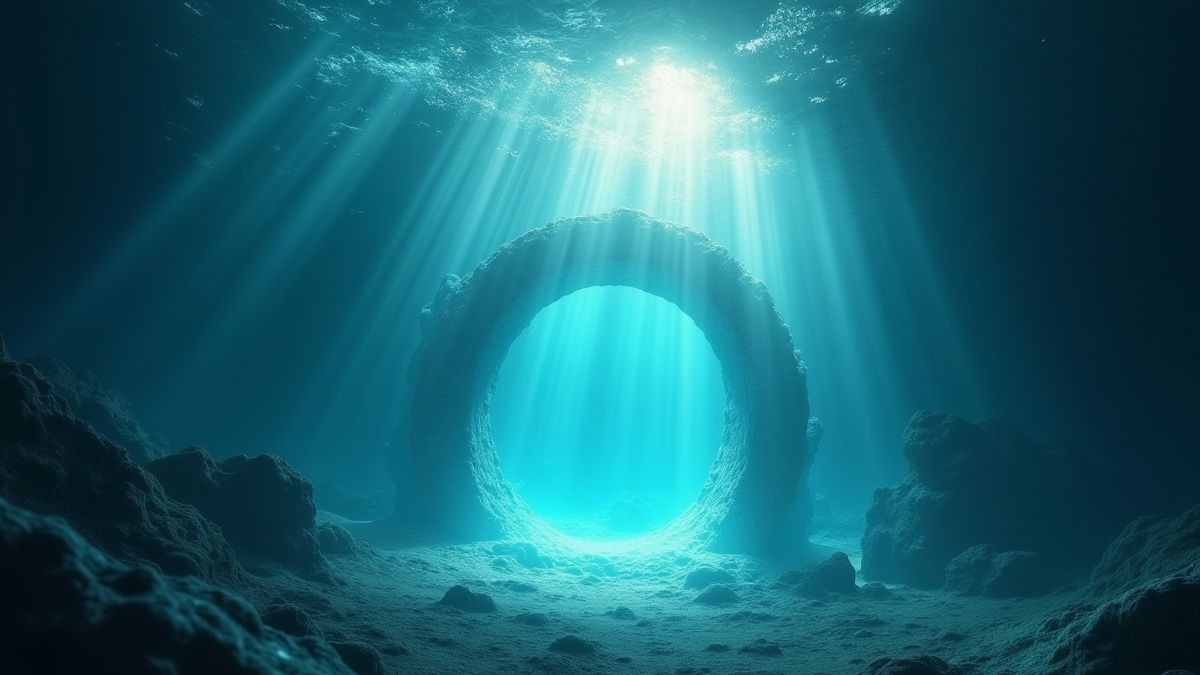 Portal místico brilhante sob a água com raios de luz filtrando-se.