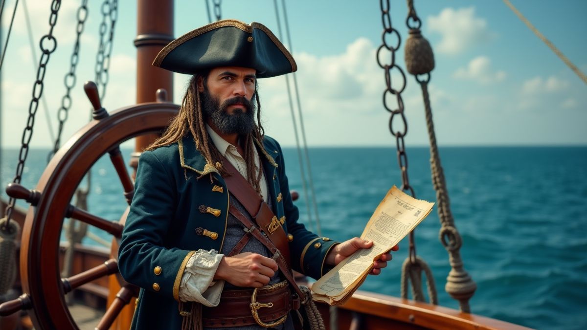Piratencaptain mit einer Schatzkarte in der Hand und dem Ozean im Hintergrund.