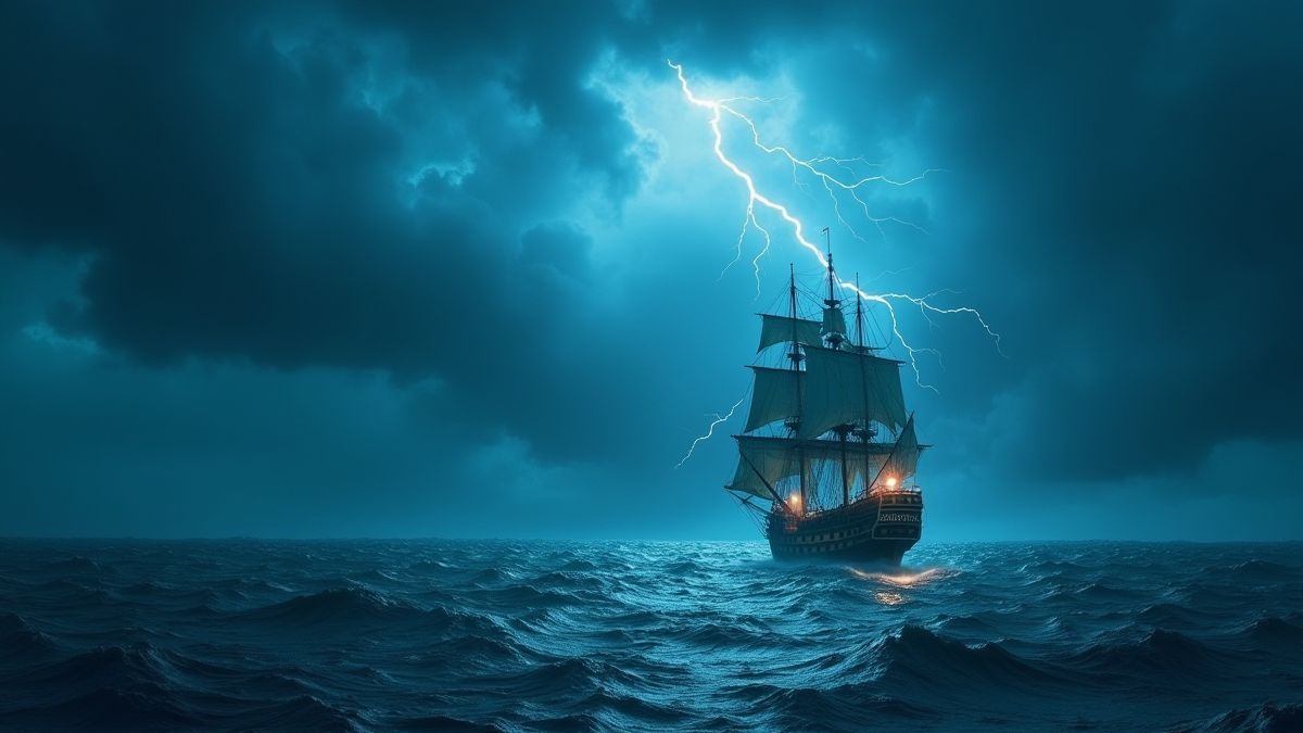 Stürmisches Meer mit Blitzen, die ein Piratenschiff in der Ferne beleuchten.