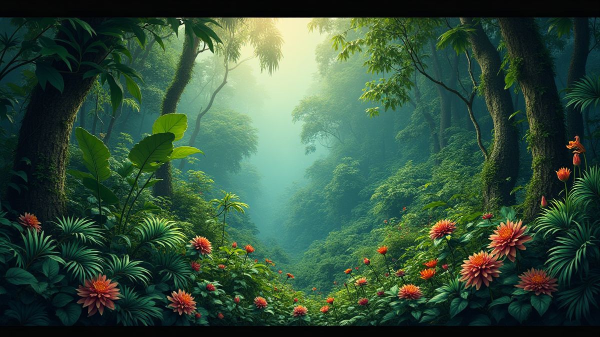 Imagen de una jungla con animales y vegetación.