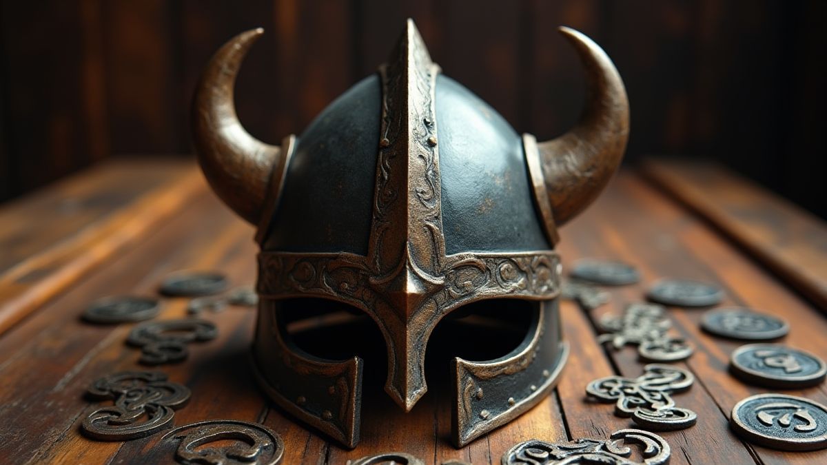 Un casco vikingo rodeado de runas en una mesa de madera.