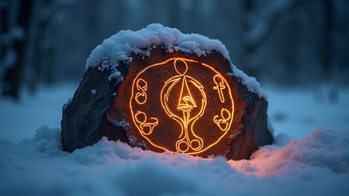 Una piedra rúnica brillante rodeada de nieve.