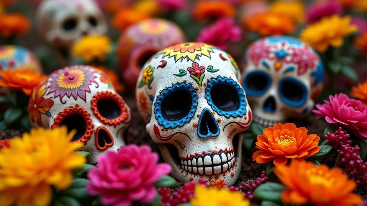 Viering van de Dag van de Doden met bloemen en suikerbollen.