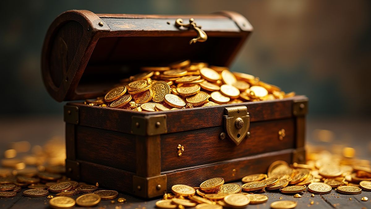 Cofre pirata lleno de monedas de oro y joyas brillantes.