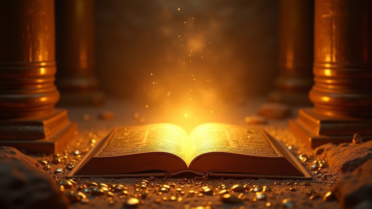 Goldenes Buch, das mit mystischer Energie in einer ägyptischen Grabstätte leuchtet.