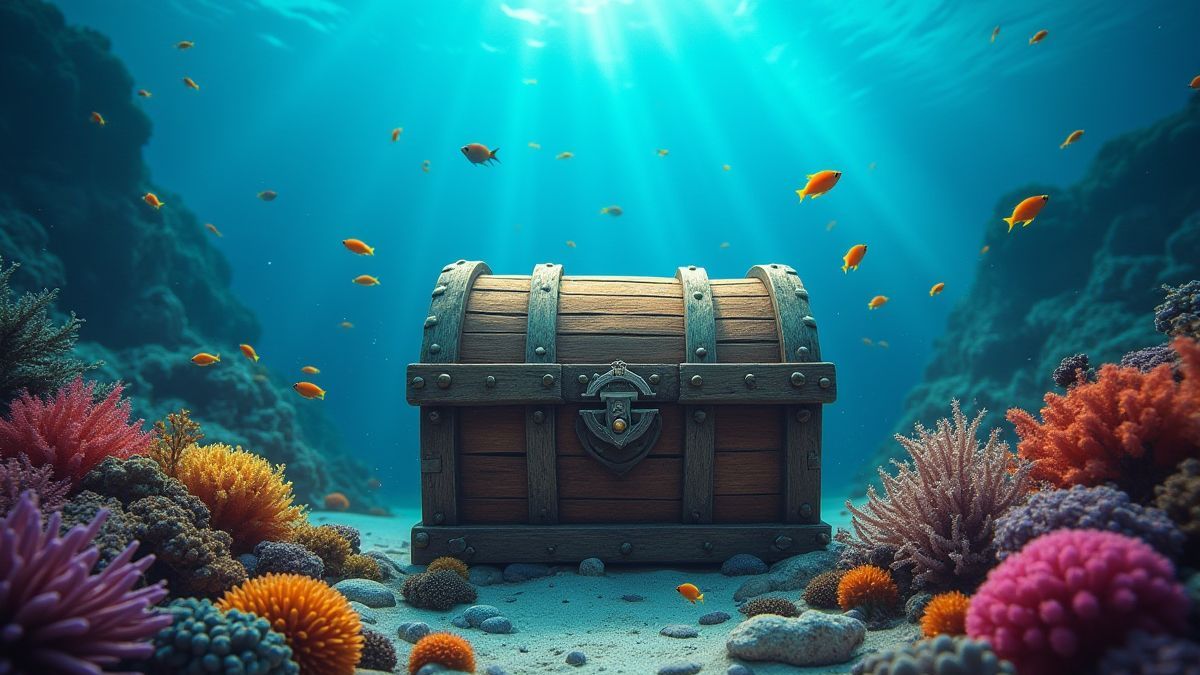 Unterwasser-Schatztruhe umgeben von buntem Korallen und Fischen.