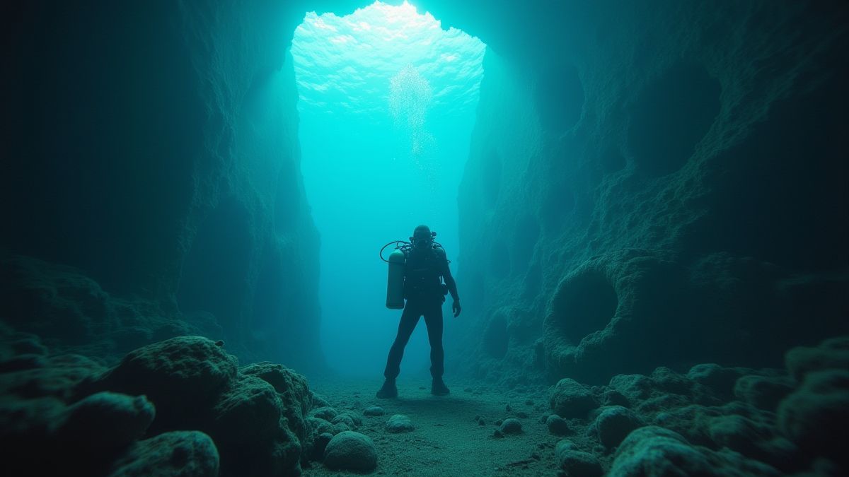 Taucher erkundet ein gesunkenes Schiffswrack, umgeben von geheimnisvollen Artefakten.