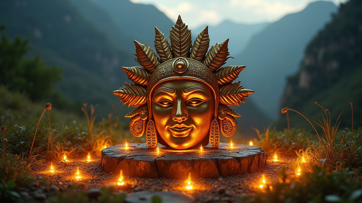 Goldene Inka-Maske umgeben von mystischen leuchtenden Artefakten in einer üppigen Berglandschaft.