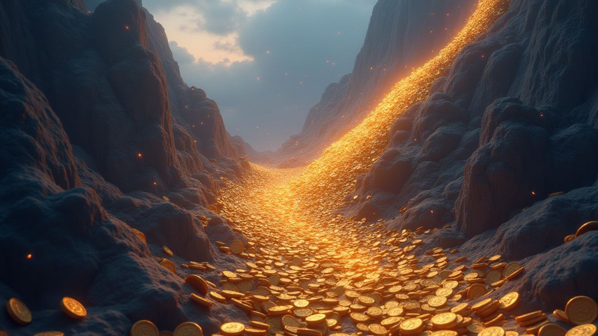 Goldene Münzen, die einen Berg herunterfallen, mit mystischen Effekten.