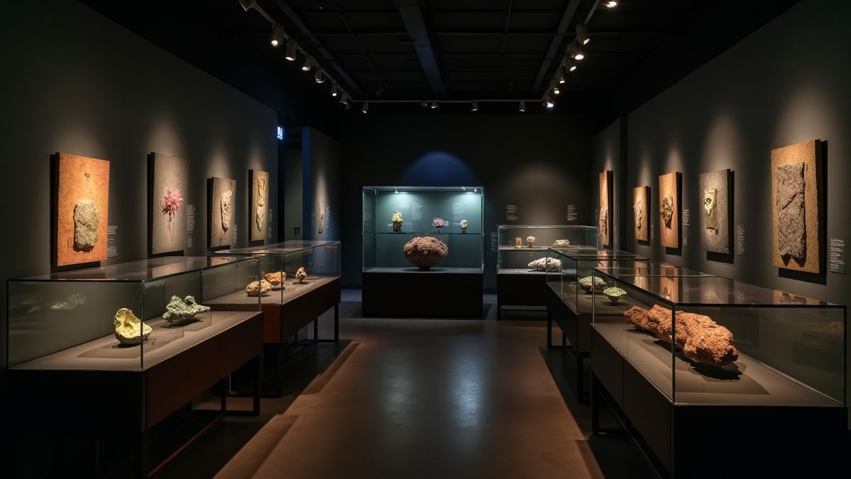 Interior de museo con piedras preciosas en vitrinas.