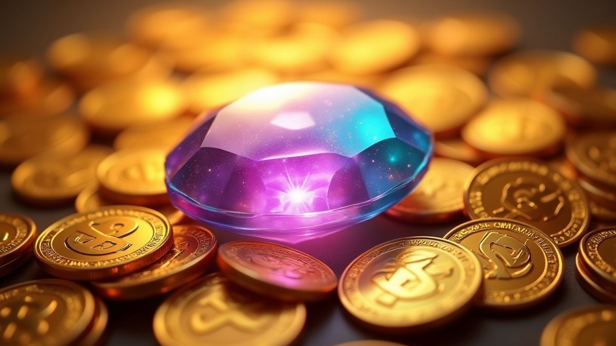 Piedra preciosa rodeada de monedas doradas.