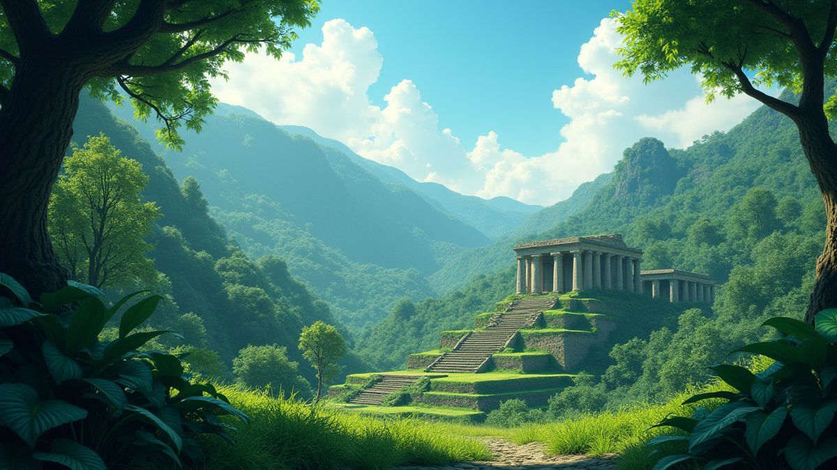 Una selva con ruinas incas al fondo.