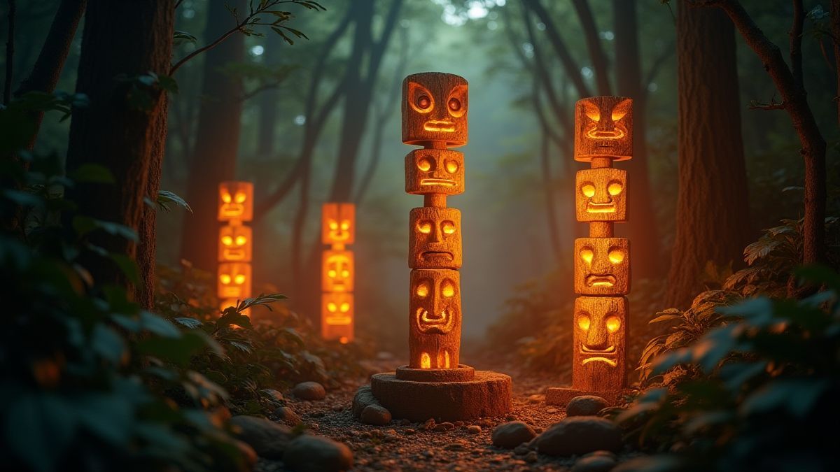 Totems dorados brillando en una selva mística.